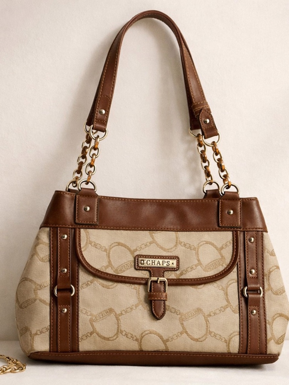 Chaps Brown Beige Equestrian Print Shoulder Bag Tote Purse